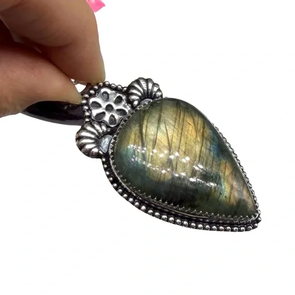 Labradorite Necklace Pendant 925 Sterling Silver Overlay - Picture 1 of 6